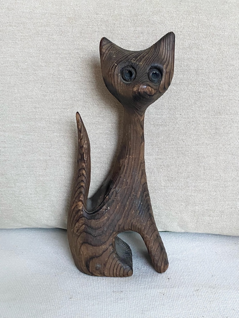 Vintage MCM Hand Carved Wood Tiki Cat Figurine 8” - Witco Style